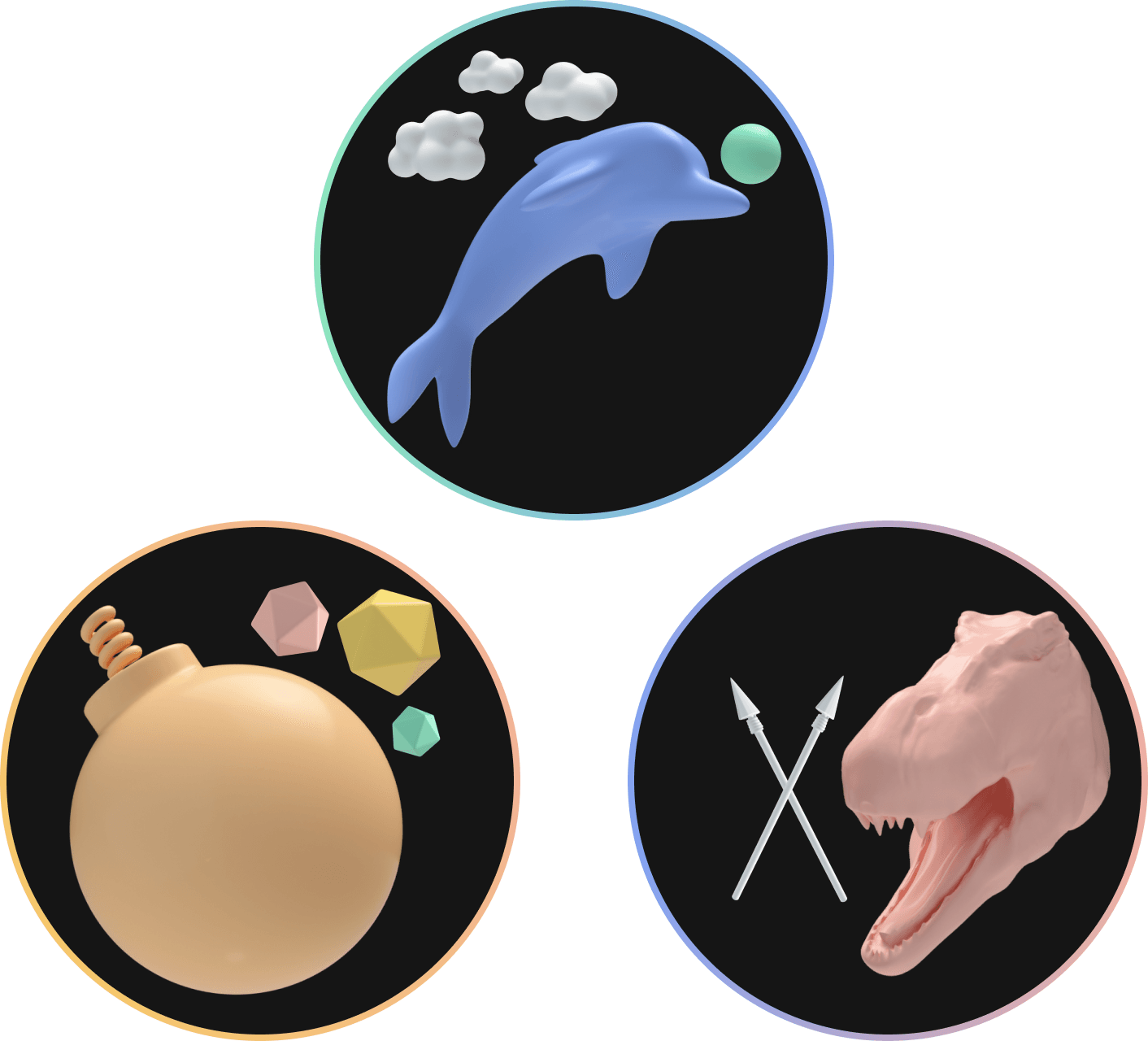 Three circles making an equilateral triangle. The lower left circle contains an orange cartoon bomb with a red, yellow, and green D20 floating to the upper right of it. The top circle contains a blue bulbous dolphin jumping high into the clouds bouncing a green ball off its nose. The lower right circle contains a ferocious-looking red tyrannosaurus rex opening its jaws towards two crossed white spears.
