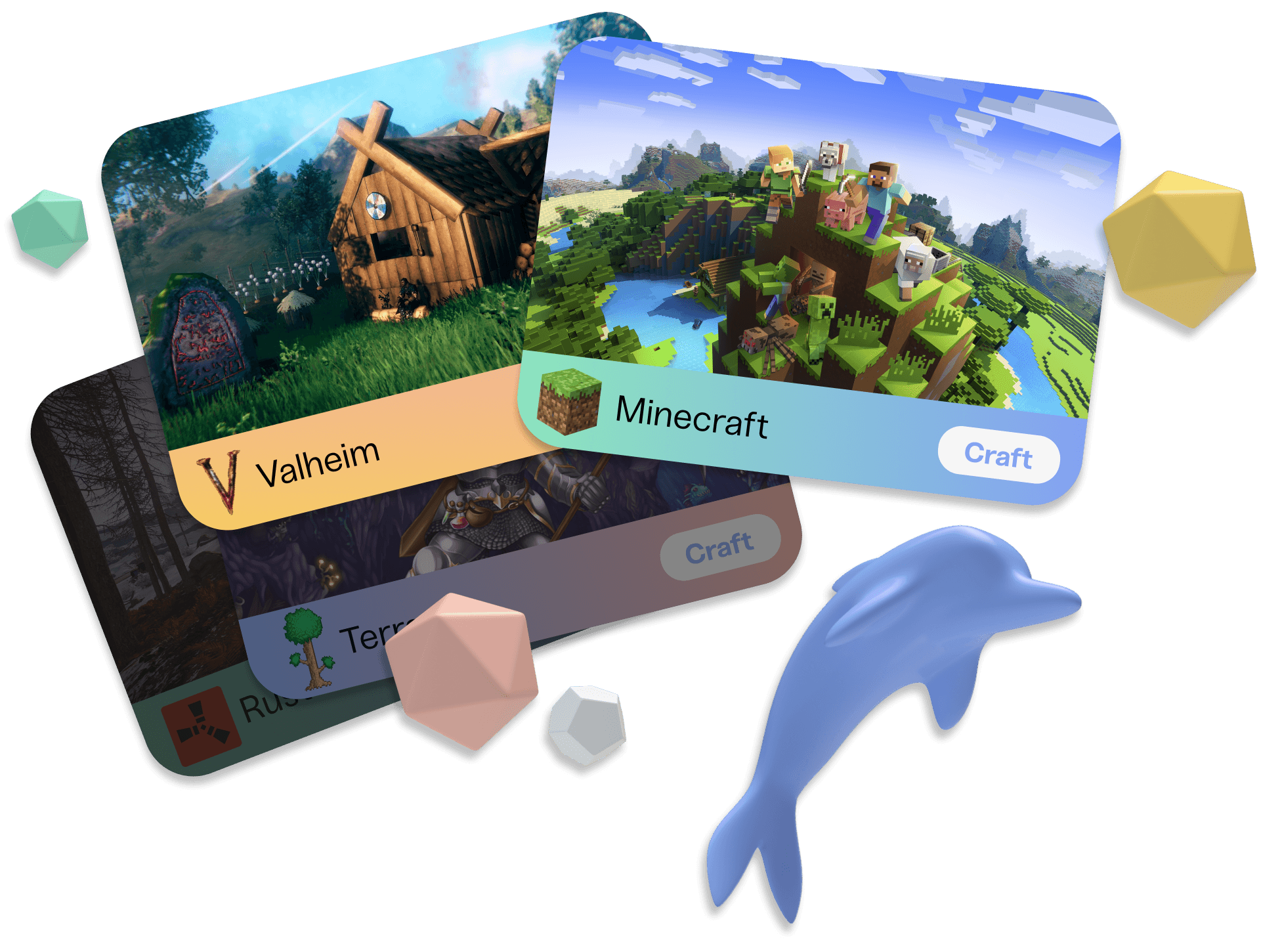 A stack of cards representing the games Minecraft, Valheim, Terraria, and Rust.