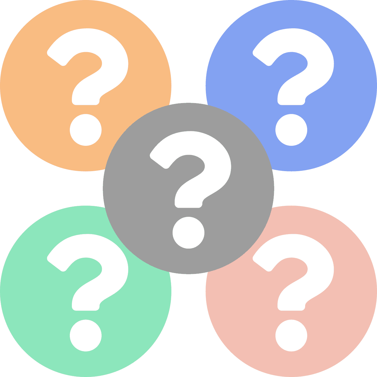 Five big colored circles with white question marks in the center of each one.  Four of the circles make a perfect square with the last circle being planted in the center.