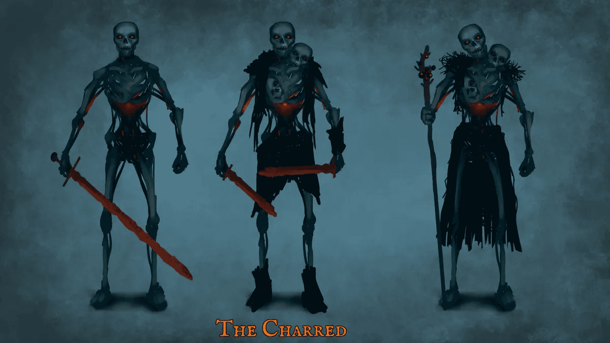 Creepy-looking skeletons called The Charred - a new Valheim Ashlands enemy.