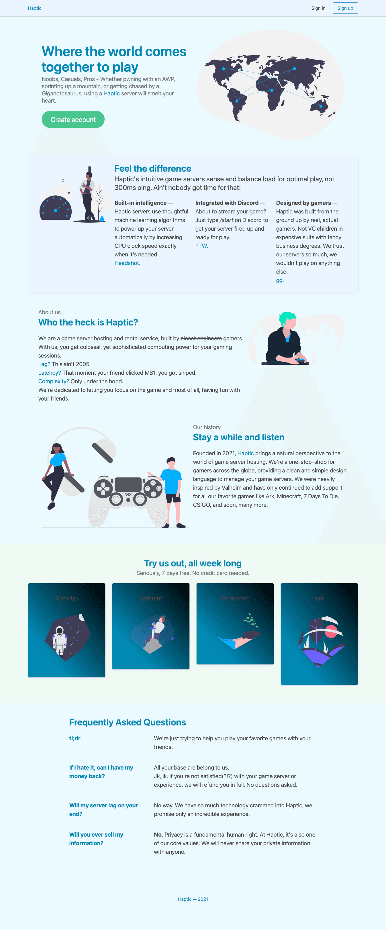 Original landing page for Haptic early in development.